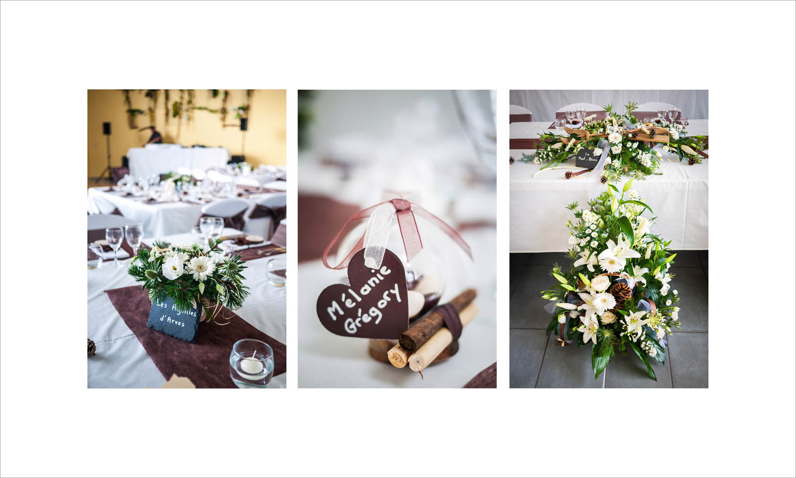 Mariage en Maurienne : photos de détails dans la salle de réception à Aiton, Savoie