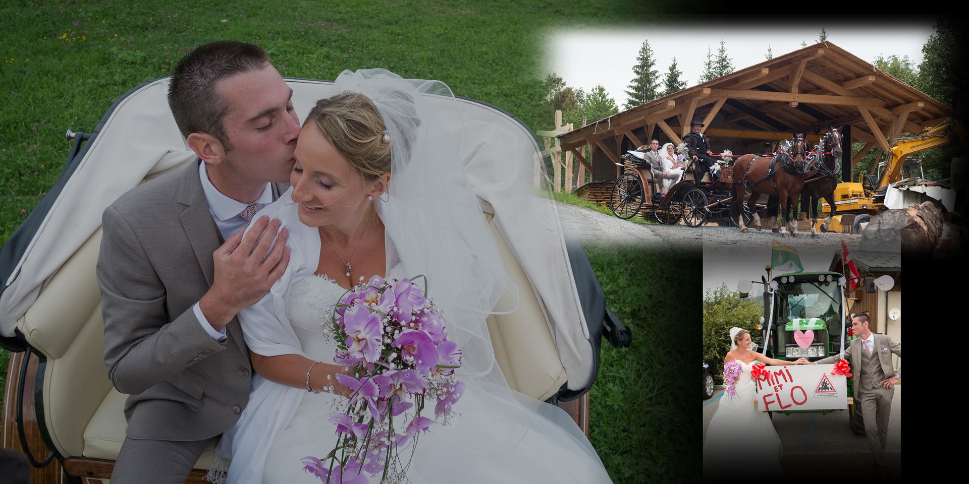 mariage dans une station du Val d Arly : cortège en calèche entre Crest Voland et Notre-dame-de-Bellecombe