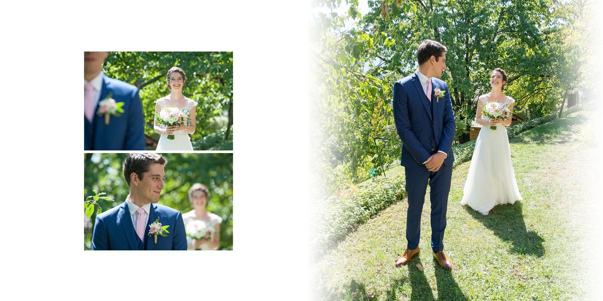 mariage à Gilly-sur-Isère et Cruet : premier regard entre les mariés dans le jardin familial