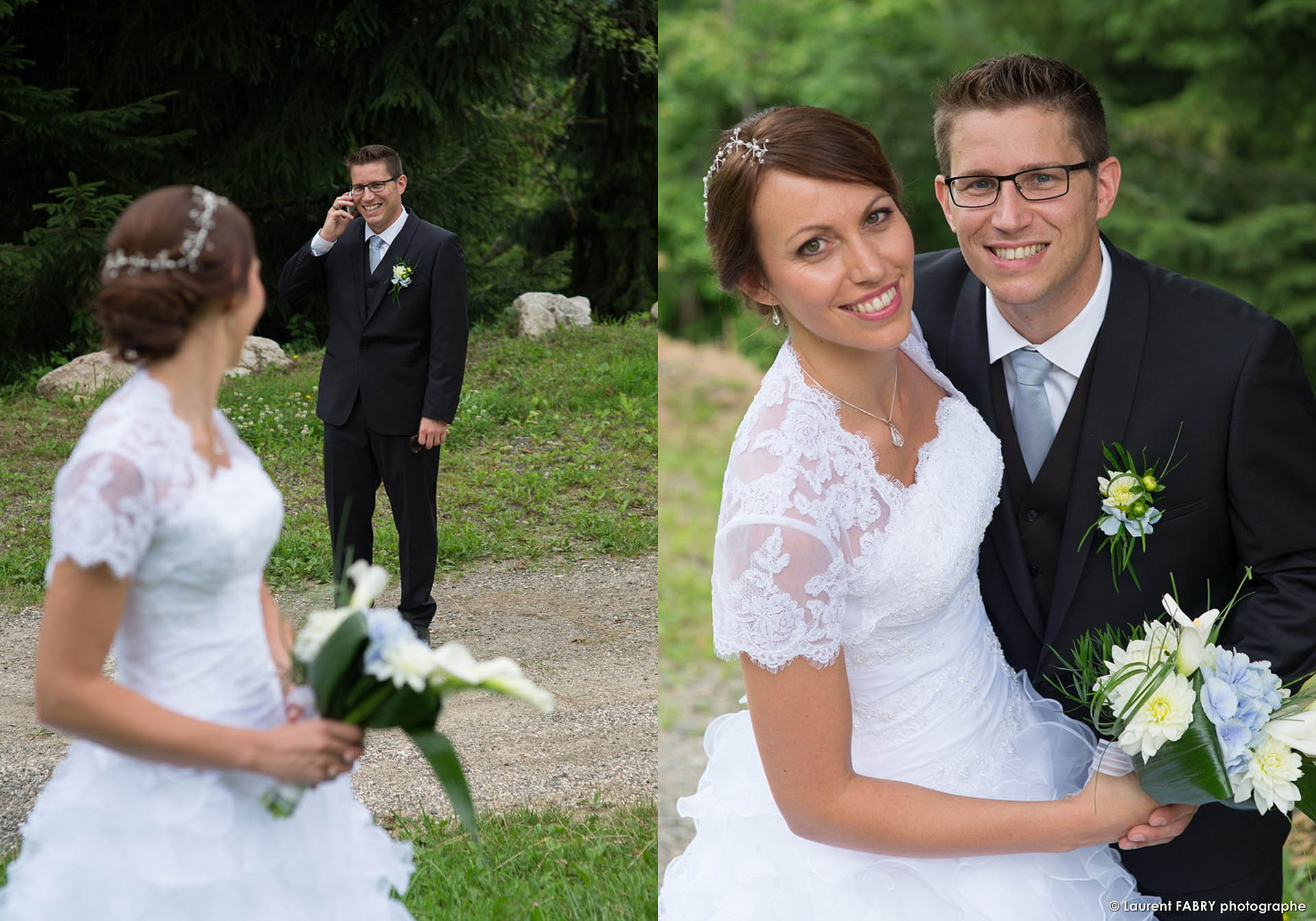 Photo des mariés devant un grenier fleuri en Savoie